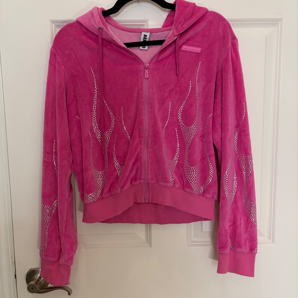 Namilia Pink Velour Rhinestone Flame See U In Hell Zip Up Hoodie Womens Medium